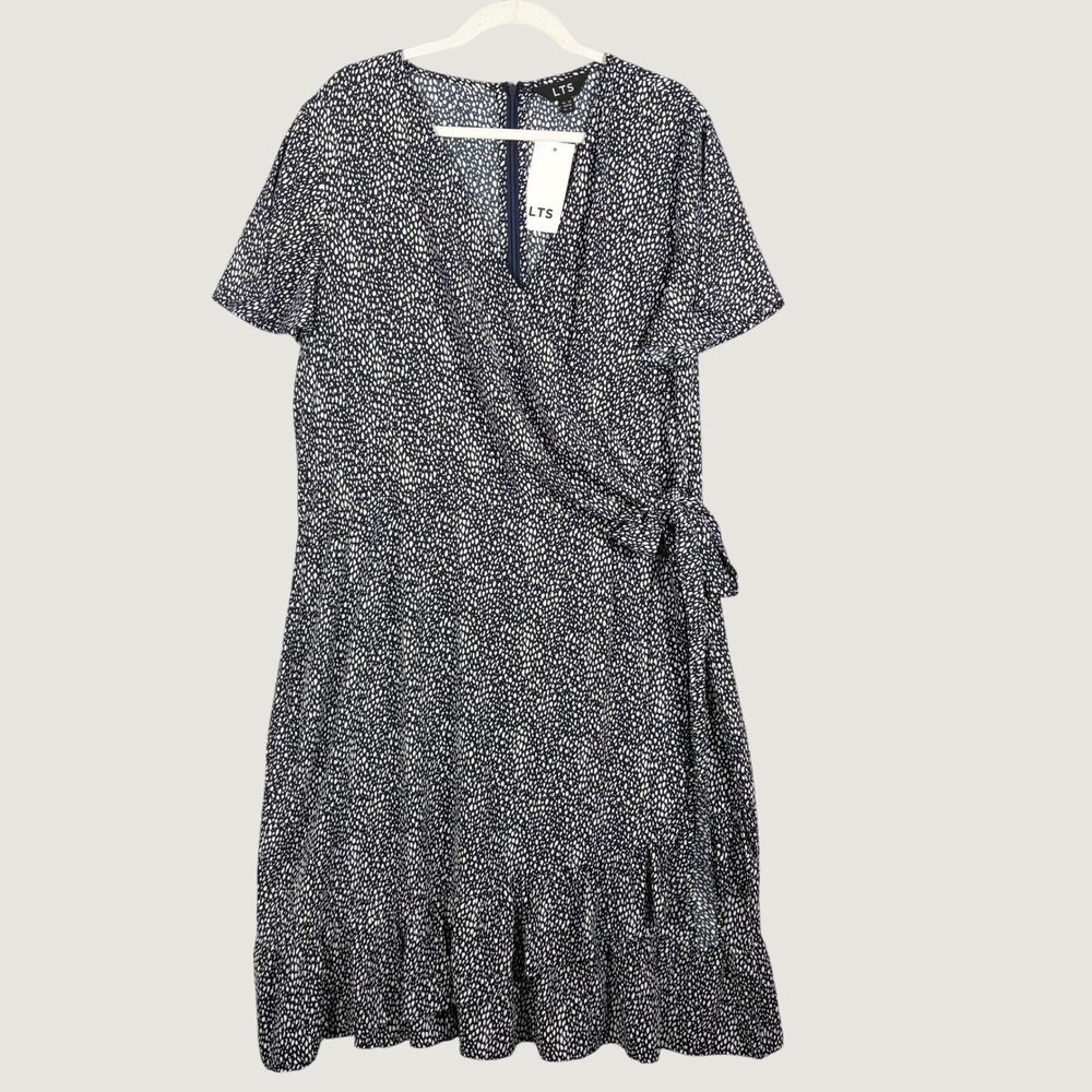 NEW Long Tall Sally Navy White Dotted Wrap Dress Ruffle Hem Size 16 Short Sleev